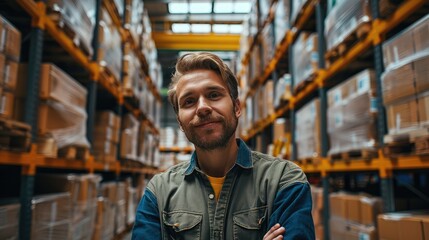 Aufkleber - Portrait of worker in the warehouse is smiling, Warehouse shelves on background. Generative AI.