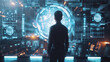 © Bordinthorn - A man standing in front of a large futuristic screen with a map of the world and various data.