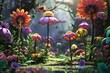 A whimsical garden filled with a bunch of vibrant flowers scattered in the grass on a sunny day.