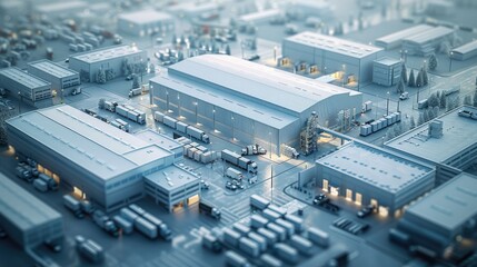 Aufkleber - A big supply chain with different types of transportation, big warehouses, high office buildings, parcel carriers, in 3d style with white material. Aerial high view. Generative AI.