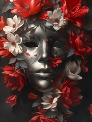 Wall Mural - Silver mask with red gems, flowers, black background