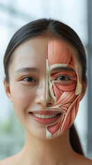 Wall Mural - Frontal view of a smiling beautiful Asian woman, half of her face showing internal muscles anatomy