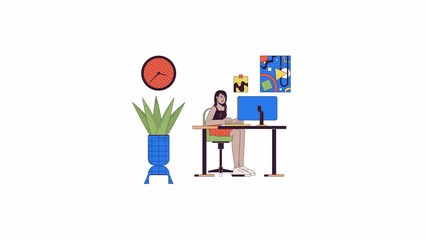 Poster - South asian woman working in office line 2D character animation. Corporate workplace flat color cartoon 4K video, alpha channel. Indian female at computer animated person on white background