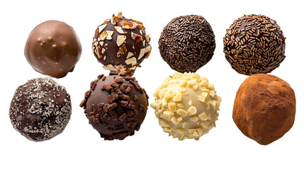 A row of chocolate covered balls with nuts and sprinkles on transparent background