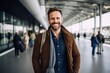 © Markus Schröder - Portrait of a happy man in his 30s wearing a chic cardigan in bustling airport terminal