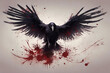 Crow with wings spread, blood spatter art.	