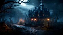 Halloween Scene With Haunted House And Full Moon. 3d Rendering