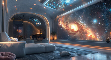 Aufkleber - A modern home interior with a cosmic galaxy theme. The living space is centered around a 100-inch television that is displaying stunning galactic imagery. Generative AI.