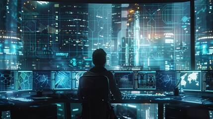 Poster - a man is sitting in front of a computer monitor with three screens
