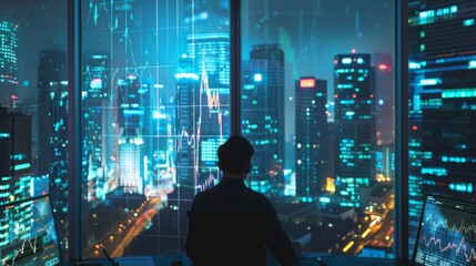 Poster - a man is sitting in front of a computer monitor in a window overlooking a city
