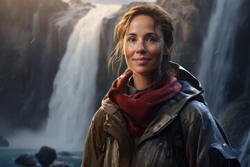 Wall Mural - Portrait of a glad woman in her 40s wearing a warm parka isolated in backdrop of a spectacular waterfall