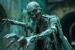 A decrepit zombie with tattered clothing, its skin a sickly green, reaching forward with claw-like hands in a dimly lit environment
