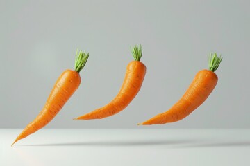 Three vibrant carrots falling gracefully on a clean white surface.