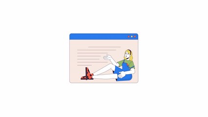 Poster - Female developer working upon webpage line 2D character animation. Website wireframe flat color cartoon 4K video, alpha channel. Caucasian woman web designer animated person on white background