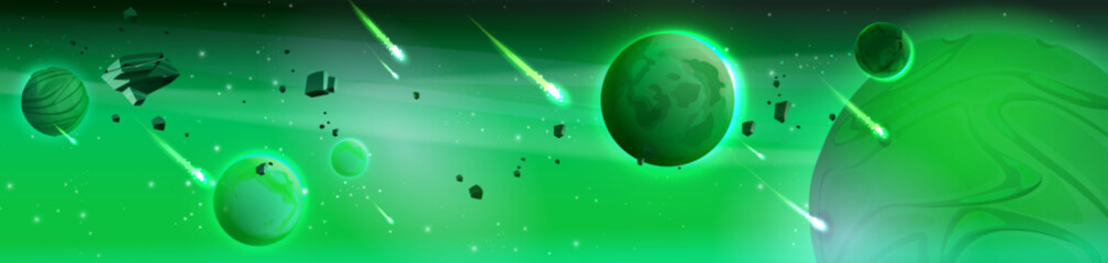 Poster - Green space for fantasy game. Galaxy cartoon sky with planet. Outer universe at night with star vector background. Futuristic cosmic landscape of fiction magic world. Astronomy graphic with comet