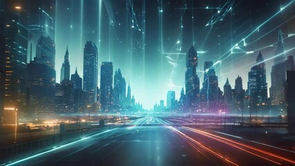 Poster - Futuristic city with high-tech connection lines. 3d rendering, A futuristic urban city backdrop with blue network connection lines and a hologram effect