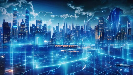 Poster - Futuristic city at night with blue lights. 3D rendering, A futuristic urban city backdrop with blue network connection lines and a hologram effect