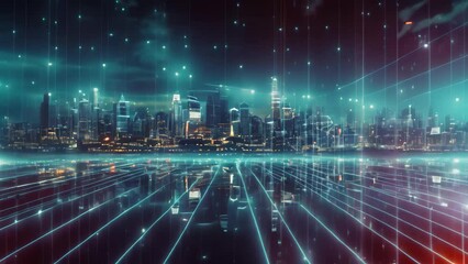 Poster - abstract digital technology concept with cityscape and binary code in blue tone, A futuristic urban city backdrop with blue network connection lines and a hologram effect