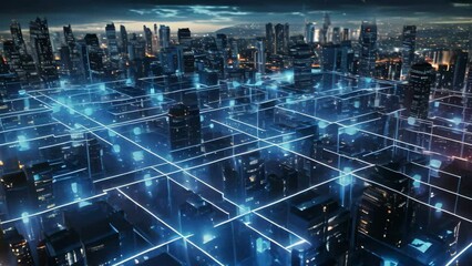 Poster - Abstract blue wireframe network on dark city at night. 3D Rendering, A futuristic urban city backdrop with blue network connection lines and a hologram effect
