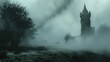 Mysterious and horror ancient tower in misty landscape