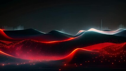 Poster - 3d rendering of abstract digital landscape with flowing particles on black background, Abstract digital background featuring flowing waves and data points
