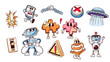 Groovy cartoon characters and elements set to disconnect internet connection. Funny retro offline network mascots collection, cartoon broken internet stickers of 70s 80s style vector illustration