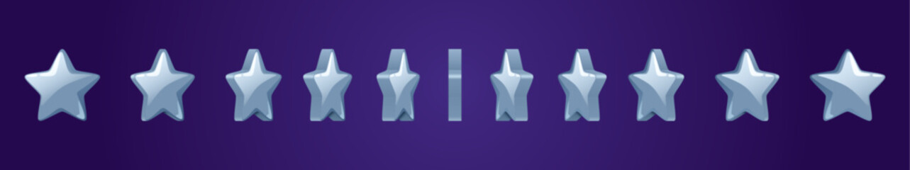 Poster - 3d game silver star animation sprite. Bonus frame cartoon ui icon for casino. Rotate score spritesheet set asset design. Metal flip sparkle element. Upgrade or reward button for arcade app gui
