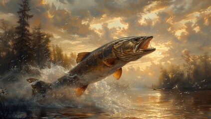 Wall Mural - In a stunning painting, a large fish with a majestic fin is gracefully leaping out of the liquid, against a backdrop of a serene natural landscape with clouds and a lake