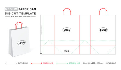 Gift bag die cut template with 3D blank vector mockup. Shopping bag for retail business