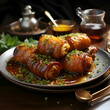 rolls with soy sauce and herbs on a wooden table