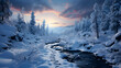 Fantastic winter landscape with snow covered trees and river at sunset