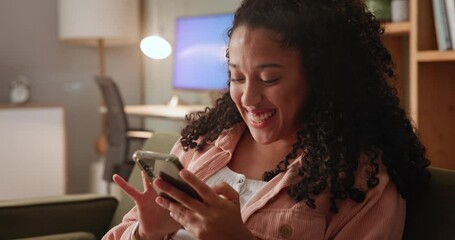 Poster - Lounge, chatting and girl with phone for dating app, home and communication, couch and university. Student, Gen z and female person, relax and rest in apartment, break and mobile for texting in house