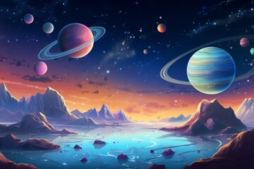 Wall Mural - cartoon fantasy planets on space background. generative ai