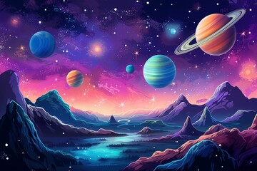 Wall Mural - cartoon fantasy planets on space background. generative ai