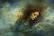 An ethereal image of a woman with flowing hair in smoky blue ambiance