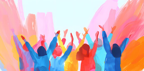 Wall Mural - Group silhouette of people with raised hands. People celebrate simple watercolor illustration isolated on white background