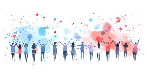 Wall Mural - Group silhouette of people with raised hands. People celebrate simple watercolor illustration isolated on white background