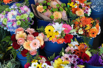 Sticker - Florist shop bouquets background. Flowers compositions. Colorful flowers selling business. Flower market background. Bunch of flowers. Floral texture.