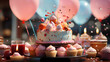 Birthday cake with candles and balloons on dark background. closeup