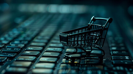 Online shopping concept, small shopping cart stands on keyboard, dark background, digital e-commerce. Generative AI