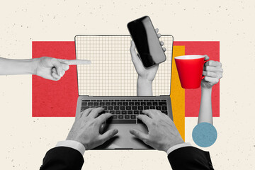 Poster - Creative collage picture laptop pc screen busy workflow multitasking coffee cup smartphone checkered screen finger pointing