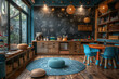  A children's playroom designed with chalkboard walls, wooden furniture and blue accents. Created with Ai