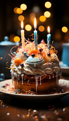 Wall Mural - Birthday cake with candles and berries on wooden table. closeup