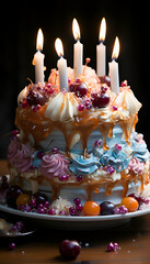 Wall Mural - Birthday cake with candles and berries on a wooden table. Selective focus