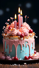 Wall Mural - Birthday cake with candles on wooden table on dark background. closeup