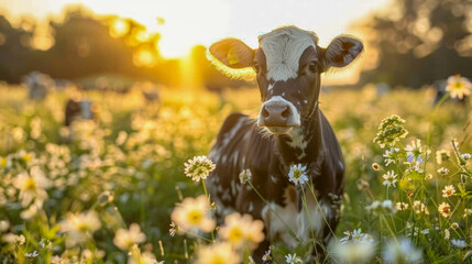 Wall Mural - Peace and nature: sweet little cow in a blooming flower meadow