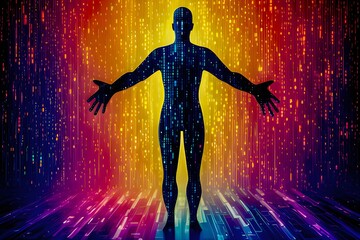 Digital human silhouette surrounded by colorful binary code, symbolizing technology, data, and connectivity in a digital world