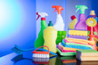 Colorful cleaning products composition. Place for typography.