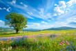 Picturesque rural landscape with blooming fields and blue sky, scenic countryside view