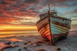 A boat gracefully sits atop a sandy beach, creating a picturesque scene, An abandoned fishing boat, stranded at sunset on a deserted beach, AI Generated